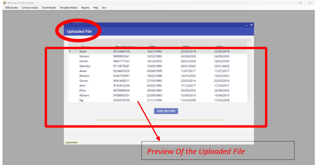 Preview of the Uploaded contact list
